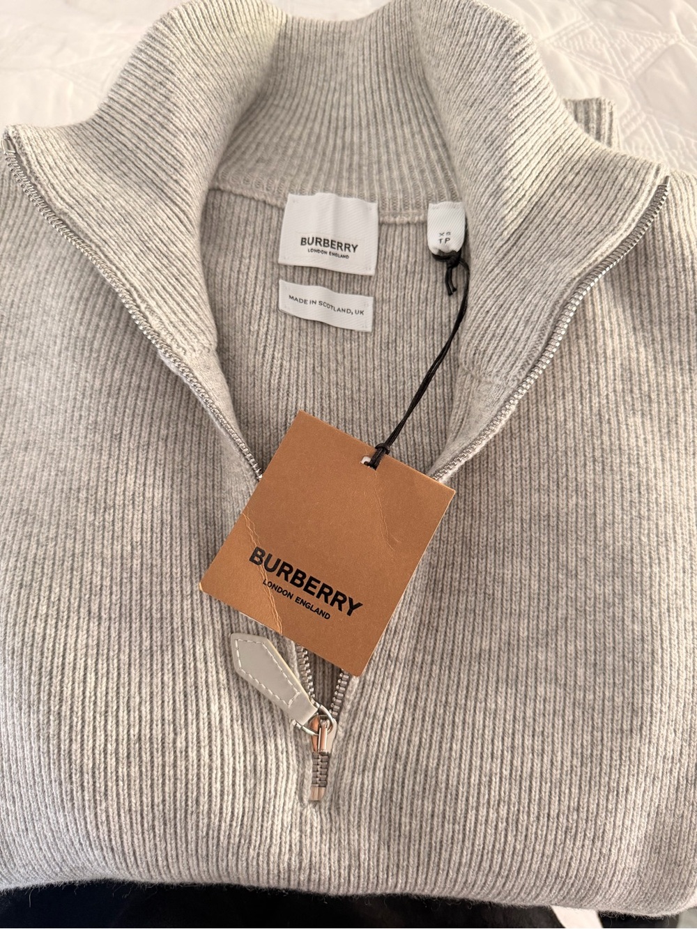 Burberry Men's Light Gray Ribbed Half-Zip Sweater